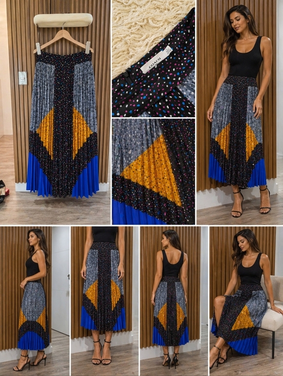 Coach Dresses & Skirts - Coach Black Pleated Midi Skirt with Mustard Triangle and Royal Blue Hem